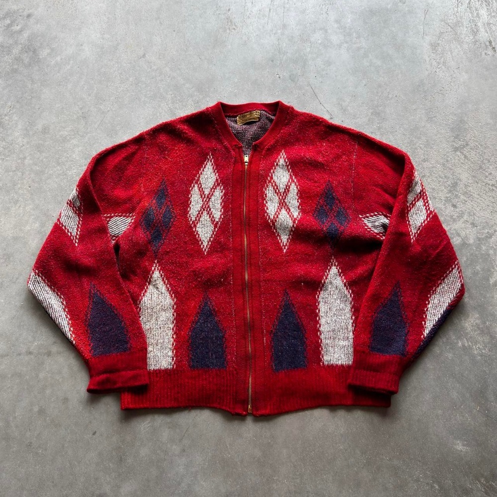 Vintage 50s 60s sears red zip up pattern cardigan